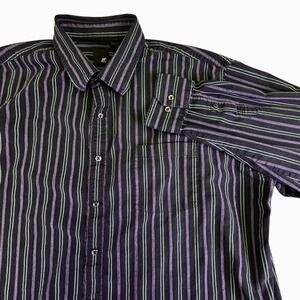 J. Ferrar Button Down Shirt Men's 2XLT Tall Striped Black Purple Long Sleeve